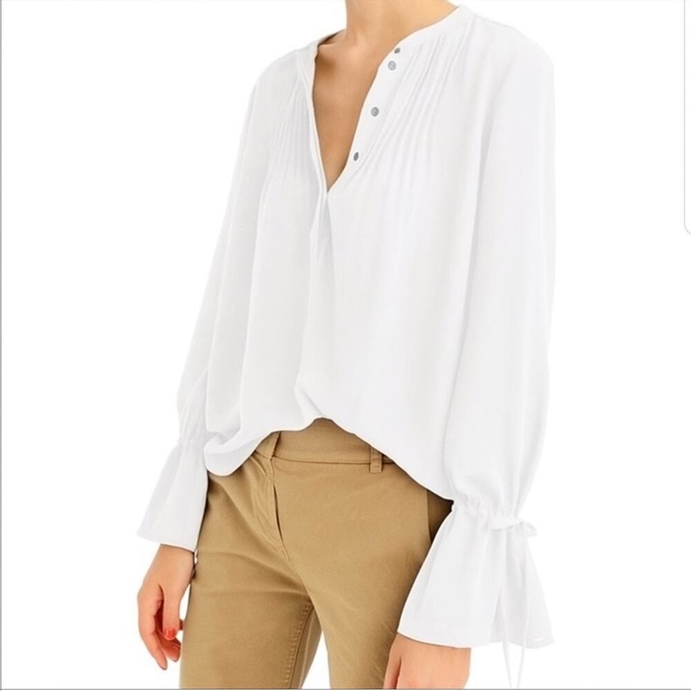 J Crew Top SMALL H7544 Pintuck Bell Tie Sleeve Blouse Shirt Ivory